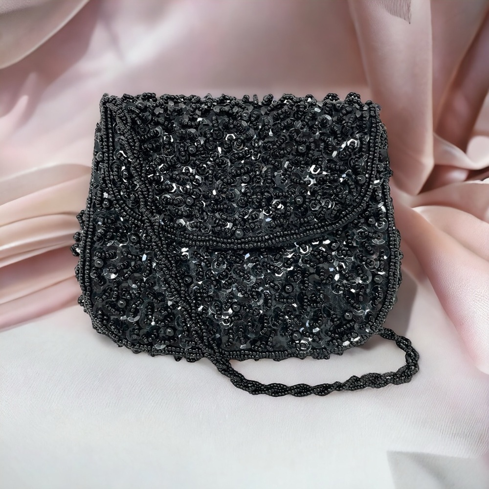 Vintage Le Regale Handmade Black Beaded Crossbody Mini Bag